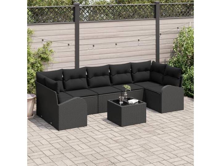 HEFZGDB 8-teiliges Gartensofa-Set mit Kissen in Schwarz aus Poly-Rattan, UV-beständig und modular für Terrasse und Wintergarten inklusive Couchtisch mit Glasplatte, Bequeme