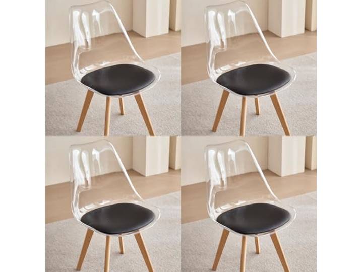 HJhomeheart Set mit 4 Modernen Transparenten Esszimmerstühlen, Abnehmbaren Gepolsterten Esszimmerstühlen, Küchenstühlen im Skandinavischen Design (PU - Schwarz)