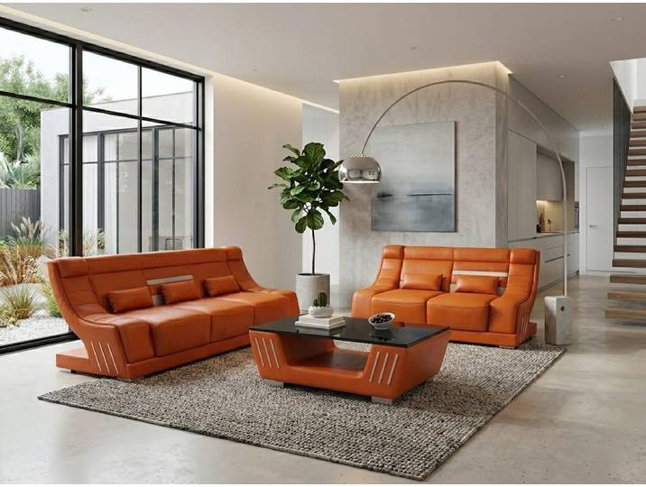 JVmoebel Polstergarnitur Sofa Set 3+2 Modern Orange Couch Design LED Komfort Polstergarnitur