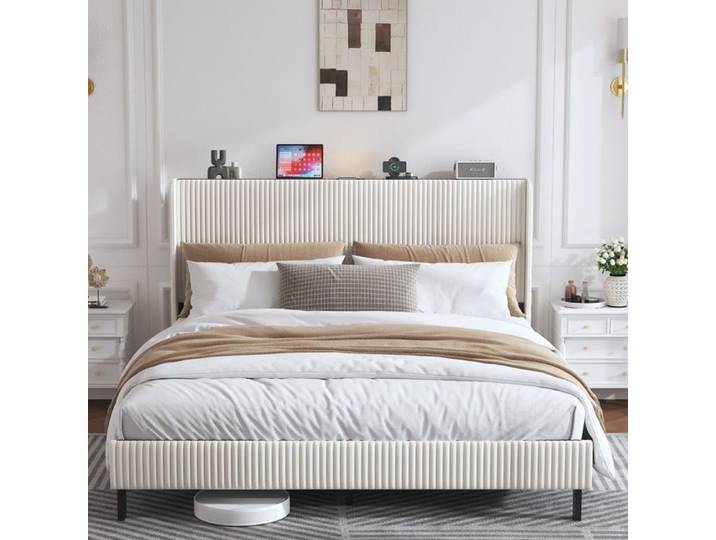 Lit 180x200 cm - Lit double King Size 180x200 métal - Cadre de lit plateforme velours côtelé tête de lit oreilles - Beige