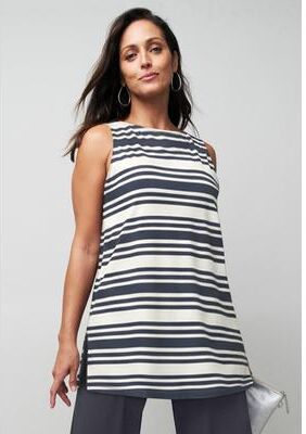 Plus Size Women's Stretch Knit Tunic Tank by The London Collection in Navy Mixed Stripe (Size 26/28) Wrinkle Resistant Stretch Knit Long Shirt