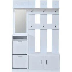 MODFU Garderobenschrank MDF Weiß mit Schuhschrank, Spiegel und Sitzbank, 120 x 30 x 180 cm
