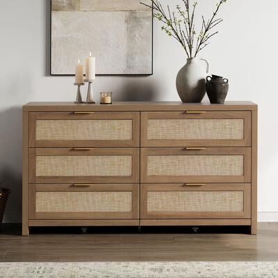 SICOTAS Elegant Right Angled Dresser with 6 Rattan Woven Drawers