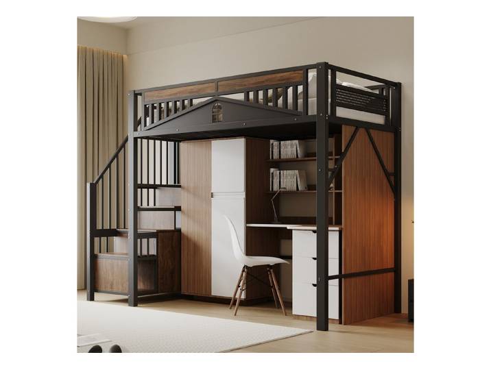 Flieks Hochbett Metallbett Kinderbett 90x200cm mit Stauraumtreppe und Sicherheitszaun