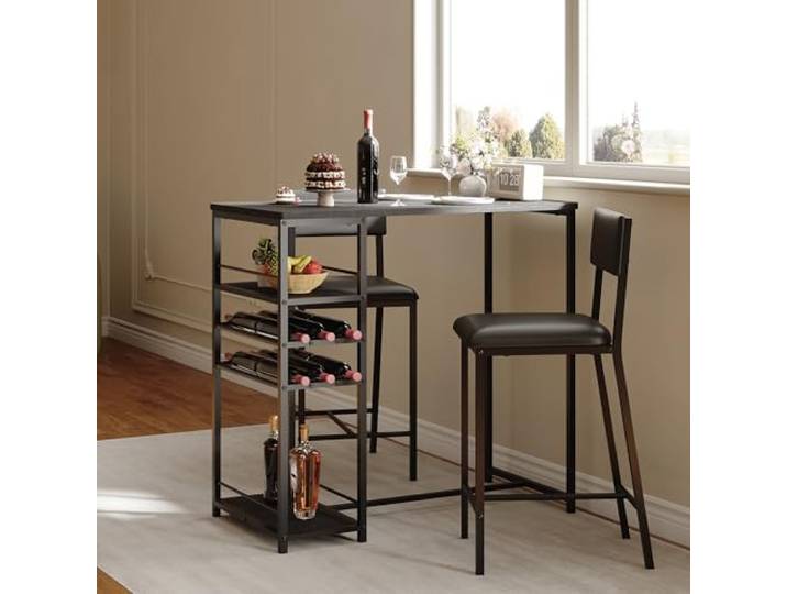 IDEALHOUSE Platzsparendes 3-teiliges Essgruppe-Set für 2 Personen – Polsterstühle, 4-stufiges Regal mit Weinregal & Becherhalter, modernes Design – Ideal für kleine Küchen oder Apartments, Schwarz