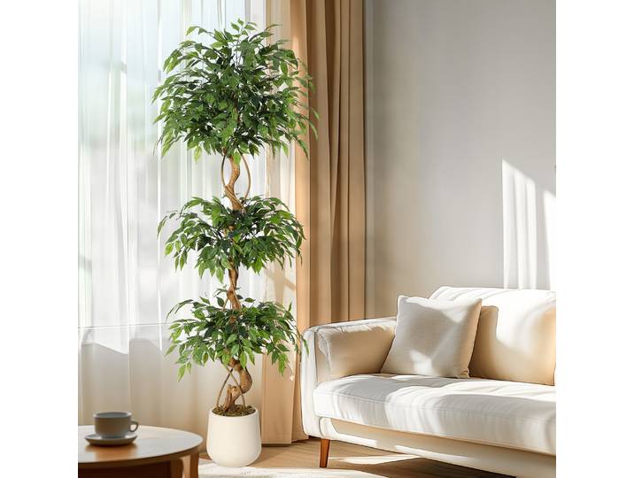 Arbre de ficus artificiel réaliste avec tronc courbé, plante en soie artificielle réaliste dans un pot blanc, verdure décorative d'intérieur pour la maison et le bureau