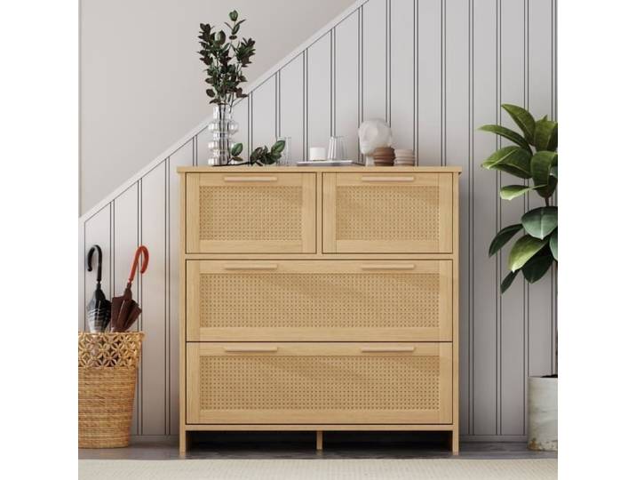 Armoire en rotin - 4 tiroirs - Bois naturel - Design contemporain - Salon