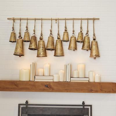 ARCILLA ELEMENTAL Bronze Metal Tibetan Inspired Indoor Outdoor Decorative Cow Bells with 12 Bells on Jute Hanging Rope and Metal Rod