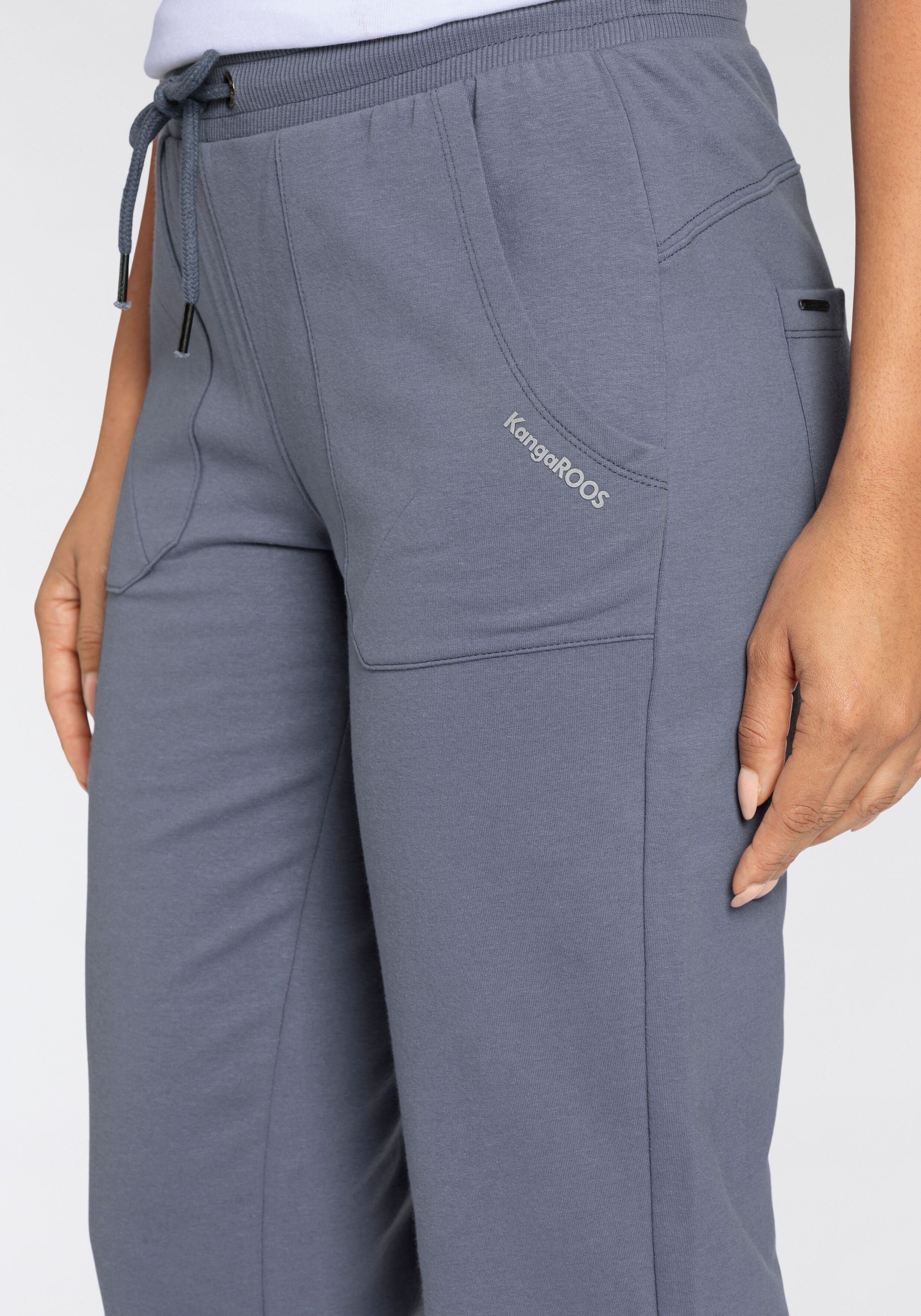 Jogginghose KANGAROOS, Damen, Gr. 40, N-Gr, grau (blau anthra), Sweatware, Obermaterial: 95% Baumwolle, 5% Elasthan, bedruckt, unifarben, bequem knöchellang, Hosen Jogginghose, mit grossen Taschen blau anthra 40, N-Gr