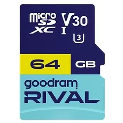 Goodram microSDXC 64GB V30 UHS I U3 RIVAL + adapter (64 GB, microSDXC, U3, UHS-I), Speicherkarte, Blau