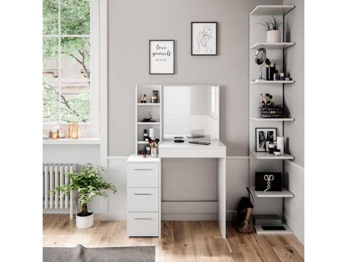 Vicco Schminktisch Meryl, Weiß 80 cm Spiegel · 4 Schubladen · Bodenstehend · Offene Ablagefächer · Kompakte Form