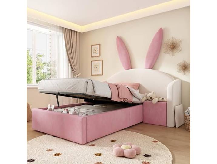 YAIXBNG Jugendbett 90x200 cm Polsterbett Hydraulischer Stauraum, Bett mit Nachttisch & Hasenohren-Design, Samt, Beige & Rosa (Ohne Matratze)