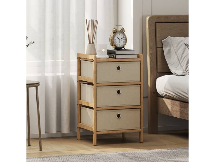HOMCOM Commode Bambou 3 Tiroirs Tissu Crème Naturel