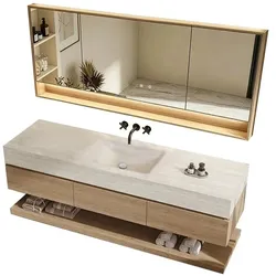 Wandhängendes Badmöbel-Set mit Sinterstein-Waschbecken, Waschtischunterschrank & Spiegelschrank 120×55 cm【RW9865-120JG BKK】