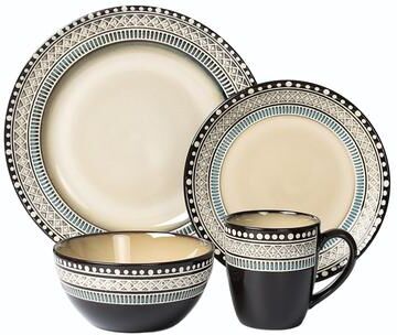 Lorren Home Trends 16 Piece Glazed Dinnerware Neutral and Blue (Service for 4)