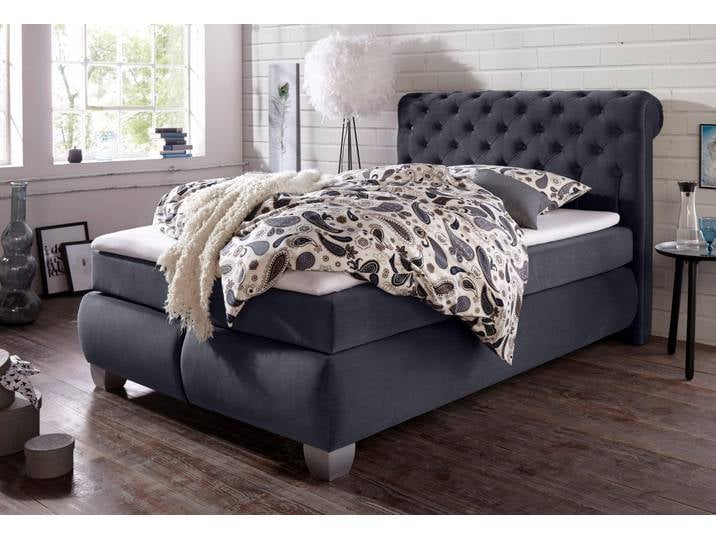 Boxspringbett, Samt, Grau Anthrazit, 154×230 cm, Gepolstert, Klassisch, Hapo
