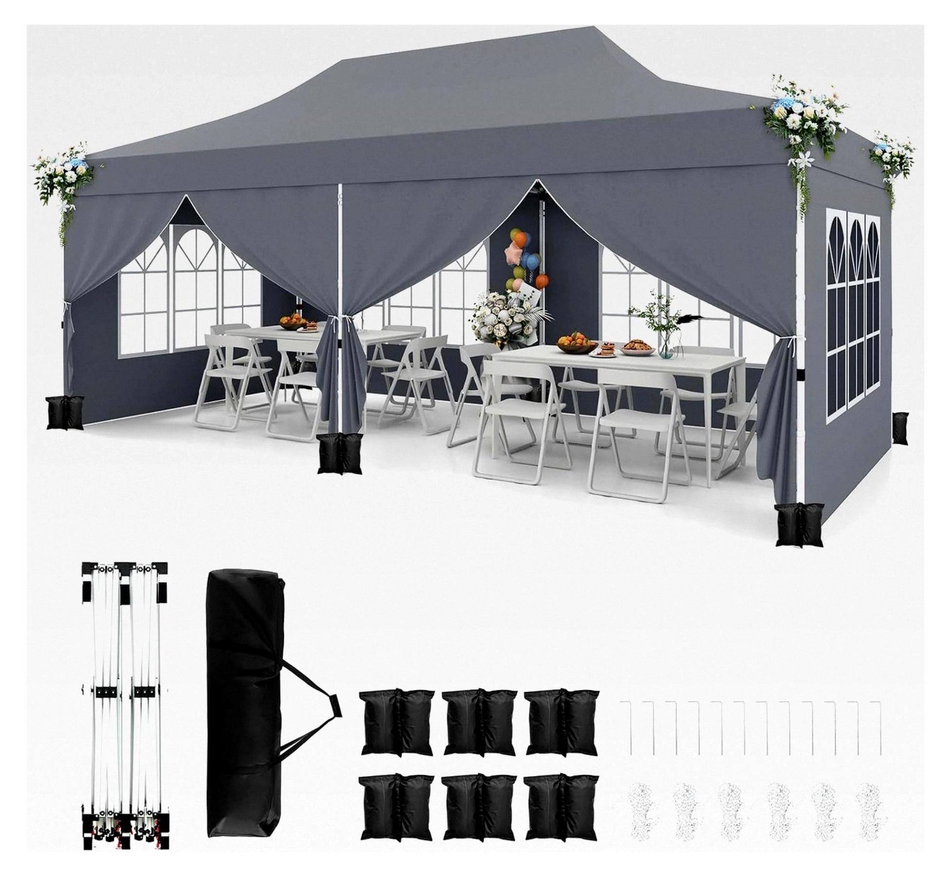 Pavillon 3x6m, Faltpavillon mit 6 Seitenwänden und 6 Sandsäcken, wasserdicht und stabil, winterfest, UV-Schutz 50+, Partyzelt mit Tragetasche für Garten, Hauspartys und Hochzeiten (Grau)