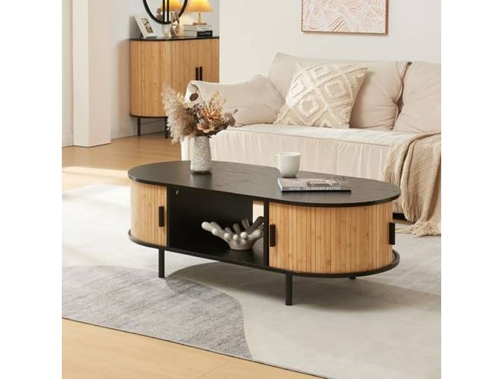 [en.casa] Couchtisch Tvedestrand Wohnzimmertisch mit 2 Schiebetüren mit Metallbeine Sofatisch mit Stauraum 120 x 55 x 40 cm Natur/Schwarz