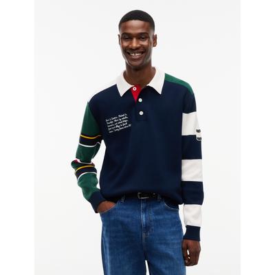 Rugbyshirt TOMMY JEANS "TJM REGULAR TOMMY KNITTED RUGBY", Herren, Gr. XXL, bunt (dunkelblau multi), Strick, Obermaterial: 100% Baumwolle, regular fit normal, Rippbündchen, Shirts, aus Strick mit Color Block