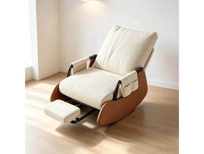 LCNDKF Schaukelstuhl Wohnzimmer mit Breiter 60cm Sitzfläche Ergonomischer Schaukelstuhl mit ausziehbarer Fußstütze und Seitentasche für tägliche Entspannung.