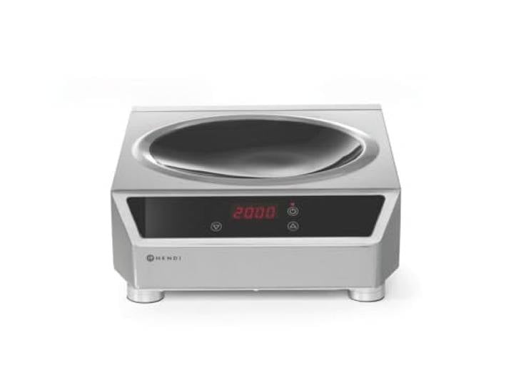 HENDI Induktionswok, für HENDI Wokpfanne 239773, Kochplatte, Kochfeld, mit einfach zu reinigendem Fettfilter, Digitale Regelung von Leistung, 230V, 3500W, 340x450x(H)120mm, Edelstahl