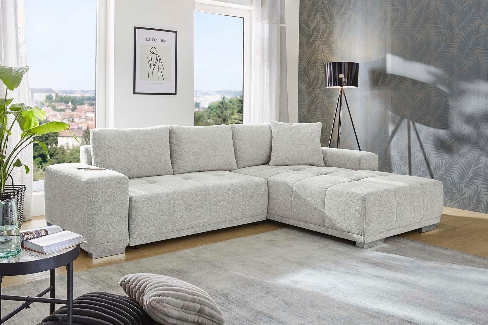 Ecksofa JOCKENHÖFER GRUPPE "Luciano L-Form, B: 282 cm", grau (hellgrau), B:282cm T:100cm, Korpus: 95% Polyester, 5% Nylon;Kissen: 95% Polyester, 5% Nylon, Sofas, Ecksofa, mit Schlaffunktion, Bettkasten, induktive Ladestation & USB-Anschluss hellgrau B/H/T