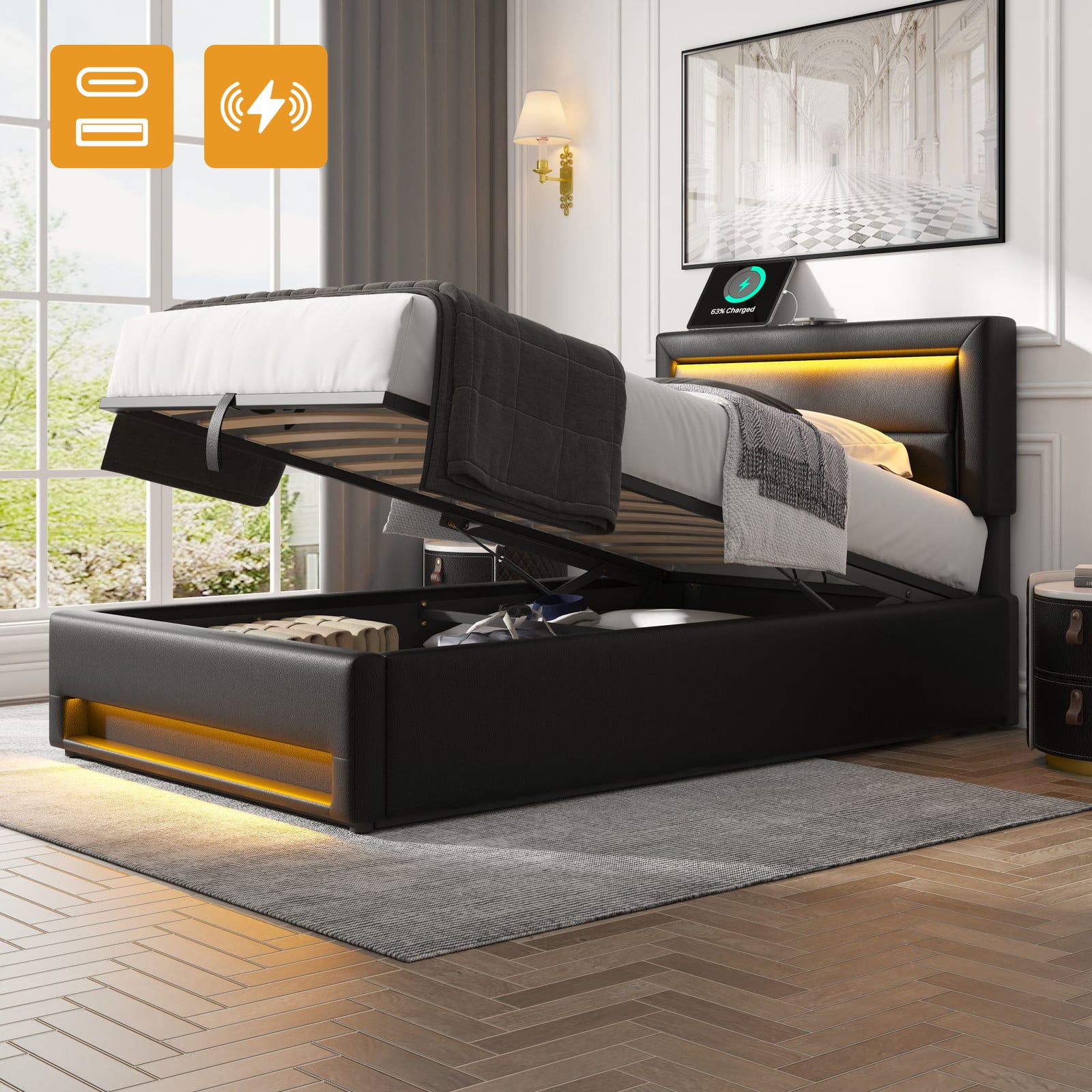 STILVORA Gestoffeerd eenpersoonsbed met LED-verlichting, opbergruimte en oplaadpoorten, Zwart, 90 x 190 cm