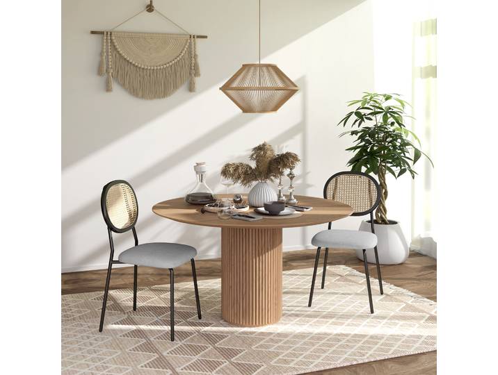 HOMCOM Lot de 2 Chaises Rotin Tissu Gris Cadre Acier