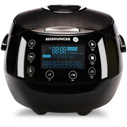 REISHUNGER Digitaler Reiskocher & Dampfgarer Schwarz | 1,5 L bis 8 Personen | Warmhaltefunktion, Timer & Premium Innentopf | 12 Programme