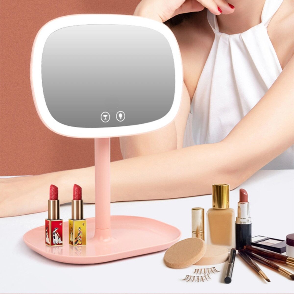 INF Miroir de maquillage LED rechargeable avec loupe 10X détachable, contrôle tactile dimmable, plateau de rangement, autonomie