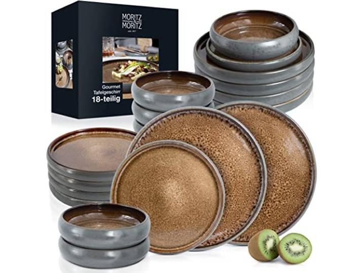 Moritz & Moritz Steingut Geschirr Set 6 Personen 18-tlg - Geschirrset 6 Personen Beige aus je 6 Dinner Teller, Kleine Teller, Tiefe Teller - Serie Solid