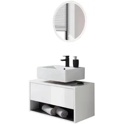 BADMÖBEL-SET weiß Hochglanz, grau, Badezimmer Set inklusive LED Beleuchtung, Breite 80 cm