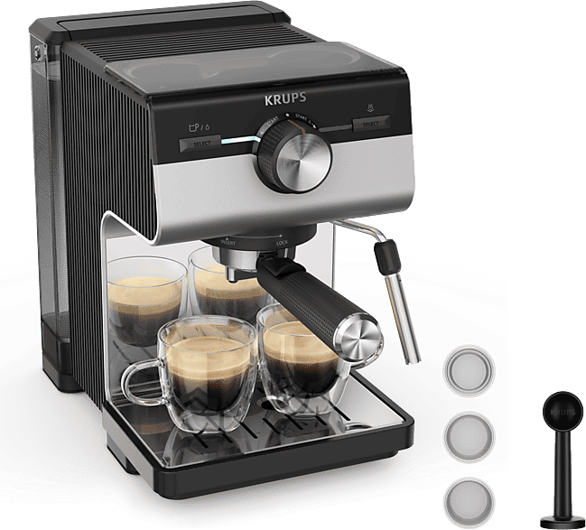 Cafetera express - Krups XP384E Authentic, 15 bares, Depósito 2 L, Boquilla de acero inoxidable, Cápsulas ESE, Inox