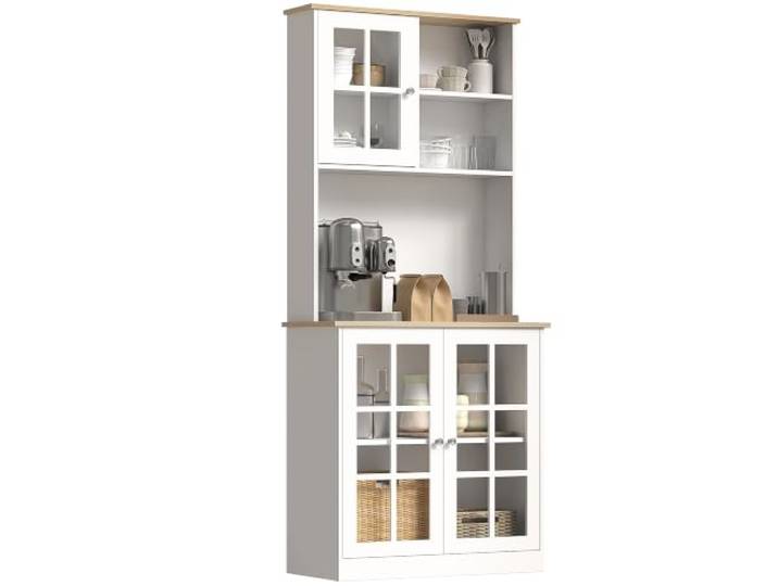 HOMCOM Buffet Cuisine Meuble Rangement Haut 80 x 37 x 183 cm Blanc Chêne Meuble Cuisine Rangement Haut avec Plan de Travail\, 3 Portes Vitrées\, 2 Niches \, Étagères Réglables