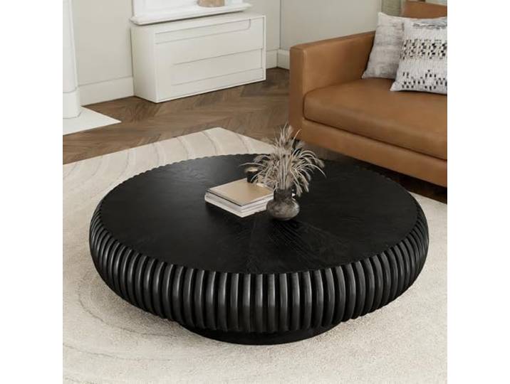 RZTPYS Moderner Runder Couchtisch Mit Stabiler Basis, Black 100cm Holzener Geriffelter Trommel-Couchtisch, Runder Akzent-Mittelcouchtisch Für Wohnzimmer, Wohnung Und Empfangsraum