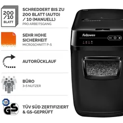 Fellowes AutoMax 200M Aktenvernichter mit Partikelschnitt bis 180 Blatt schwarz