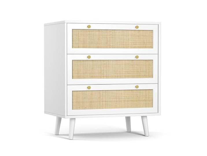 Skokliz 3-Schubladen Kommode mit Rattanfront Moderner Komodenschrank fürs Schlafzimmer Kommode Großer Stauraum Schubladenkommode Naturlook Kommode mit Schubladen