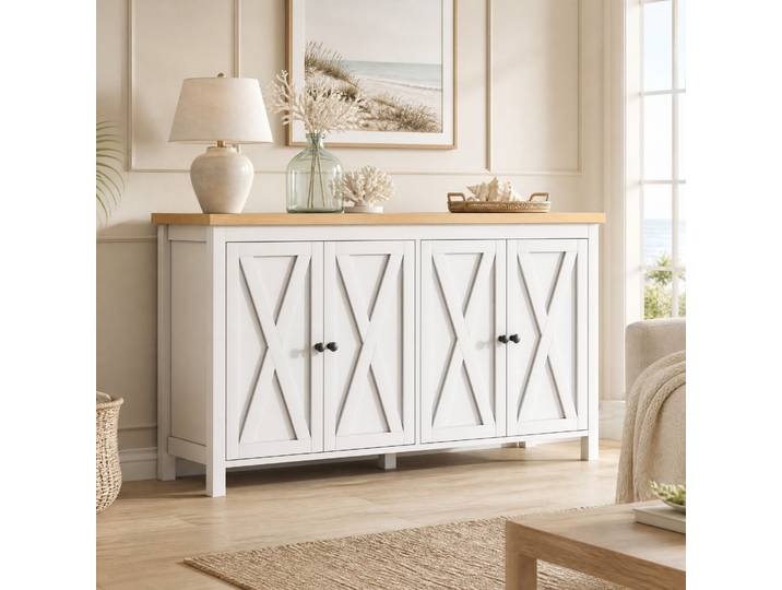 Buffet Blanc 4 Portes Avec Poignées Noires\, 2 Étagères\, Mdf\, 140 X 40 X 78 Cm\, Redom