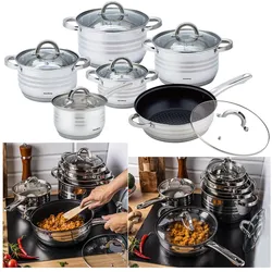Klausberg Kochtopf-Set aus Edelstahl mit Glasdeckel, 6-teilig, Pfannenset + Topfset, Silber
