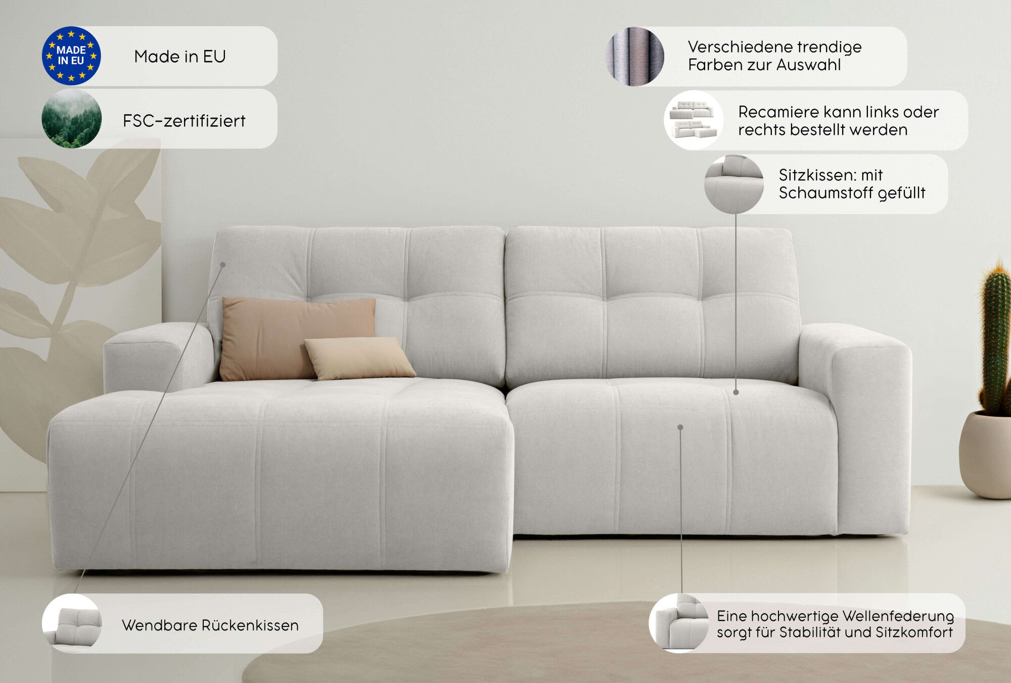 Ecksofa OTTO HOME "Turnon, Lounge-sofa, Breite 221 cm", grau (light grau), B:221cm H:84cm T:153cm, 100% Polyester, Sofas, Ecksofa, Chenille, mit Knopf- und Doppelsteppung, elegantes Aussehen