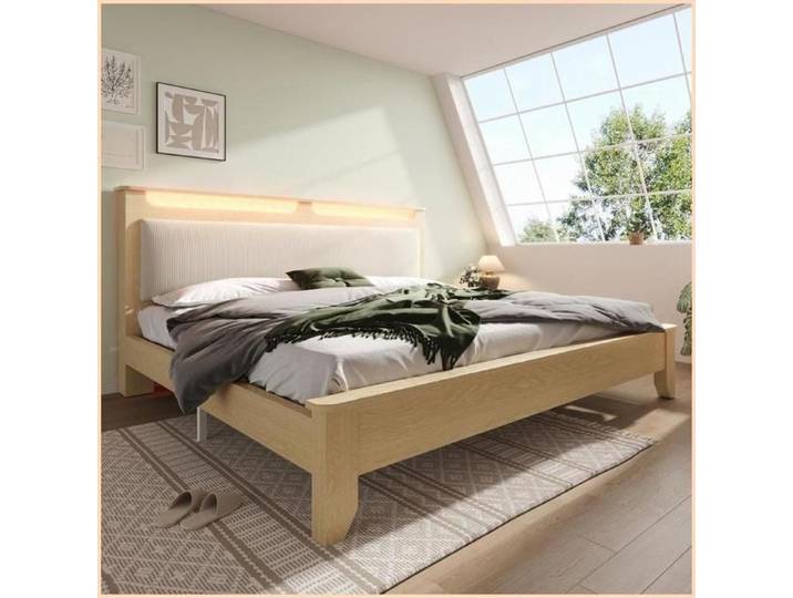 Bett Double 160x200 cm - Eiche Claire LED + Stauraum - Tête Velours Beige