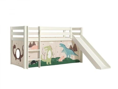Vipack Halfhoog bed PINO met glijbaan en Dino textielset, massief beuken, wit gelakt