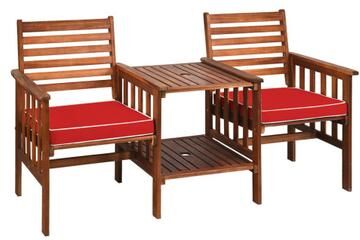 Costway 3 pcs Outdoor Patio Table Chairs Set Acacia Wood Loveseat-Red
