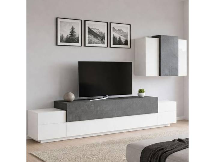 Dmora - Ausgestattete Wand Ruben, TV-Ständer-Wohnzimmerset, Mehrzweck-Wohnzimmermöbel, 100 % Made in Italy, 240 x 45 x 180 cm, glänzendes Weiß und Schiefer,