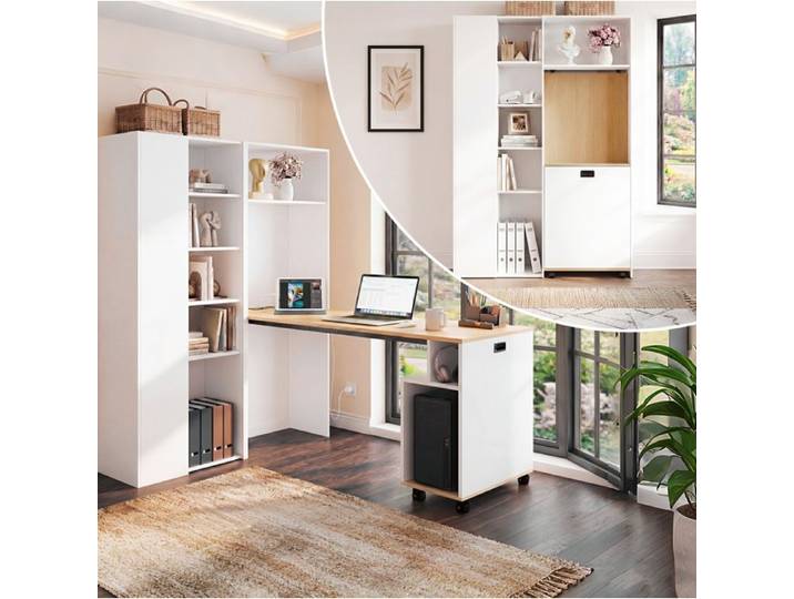 WOVREO secrétaire pliant 2-en-1 avec bibliothèque prise EU et USB tablettes réglables blanc