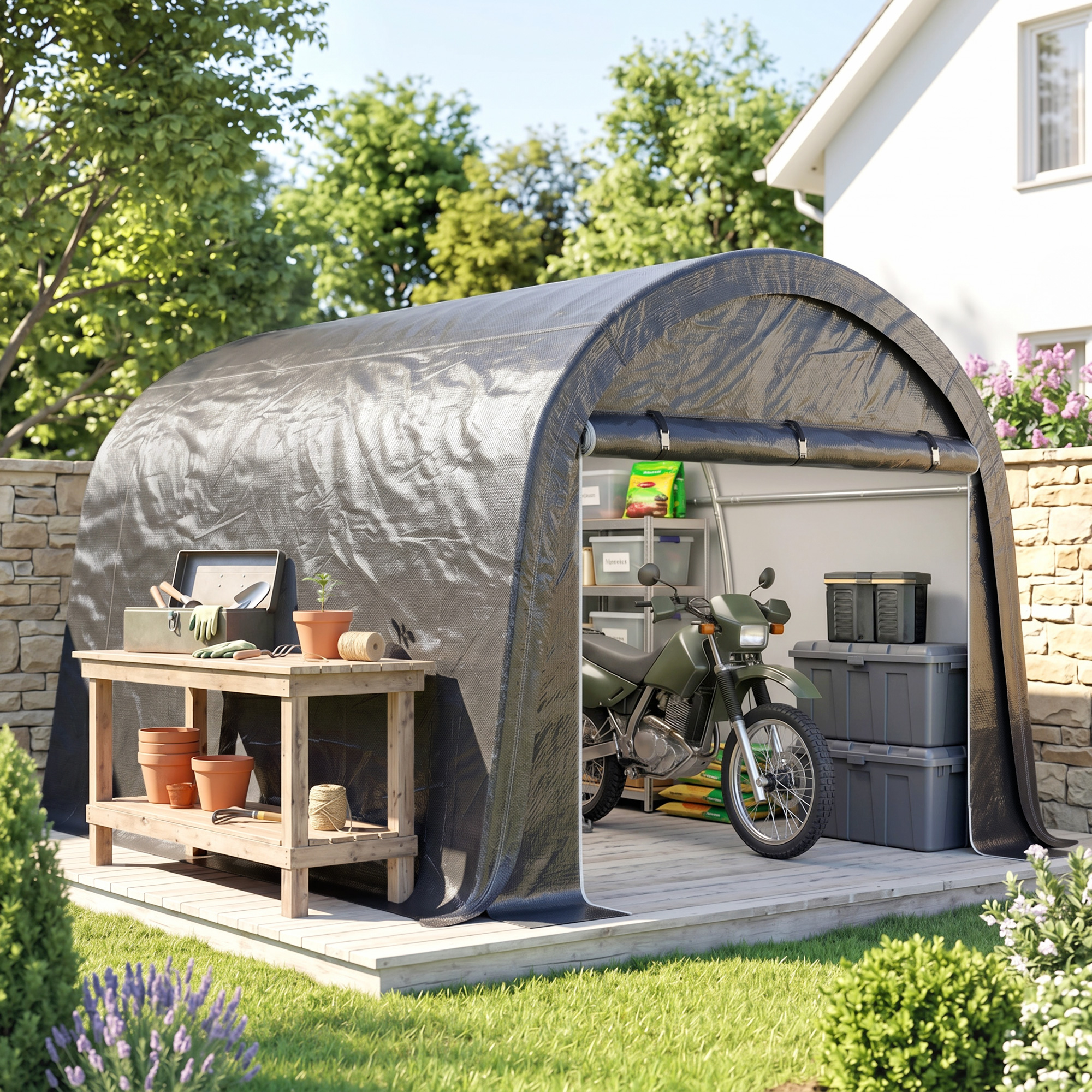 Outsunny Tendone da Giardino per Moto, Bici e Attrezzi con 2 Ingressi a Zip, in Acciaio e PE, 300x300x235 cm, Grigio   Aosom Italy