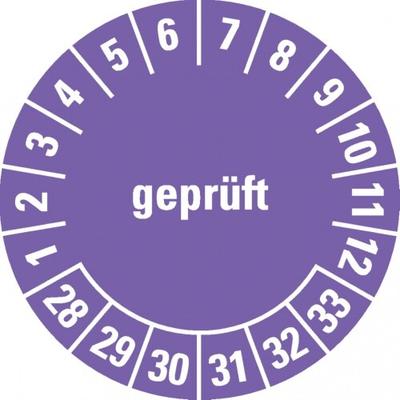 Dreifke® Prüfplakette geprüft 28-33, violett, Dokumentenfolie, selbstklebend, Ø30mm, 108 Stk.