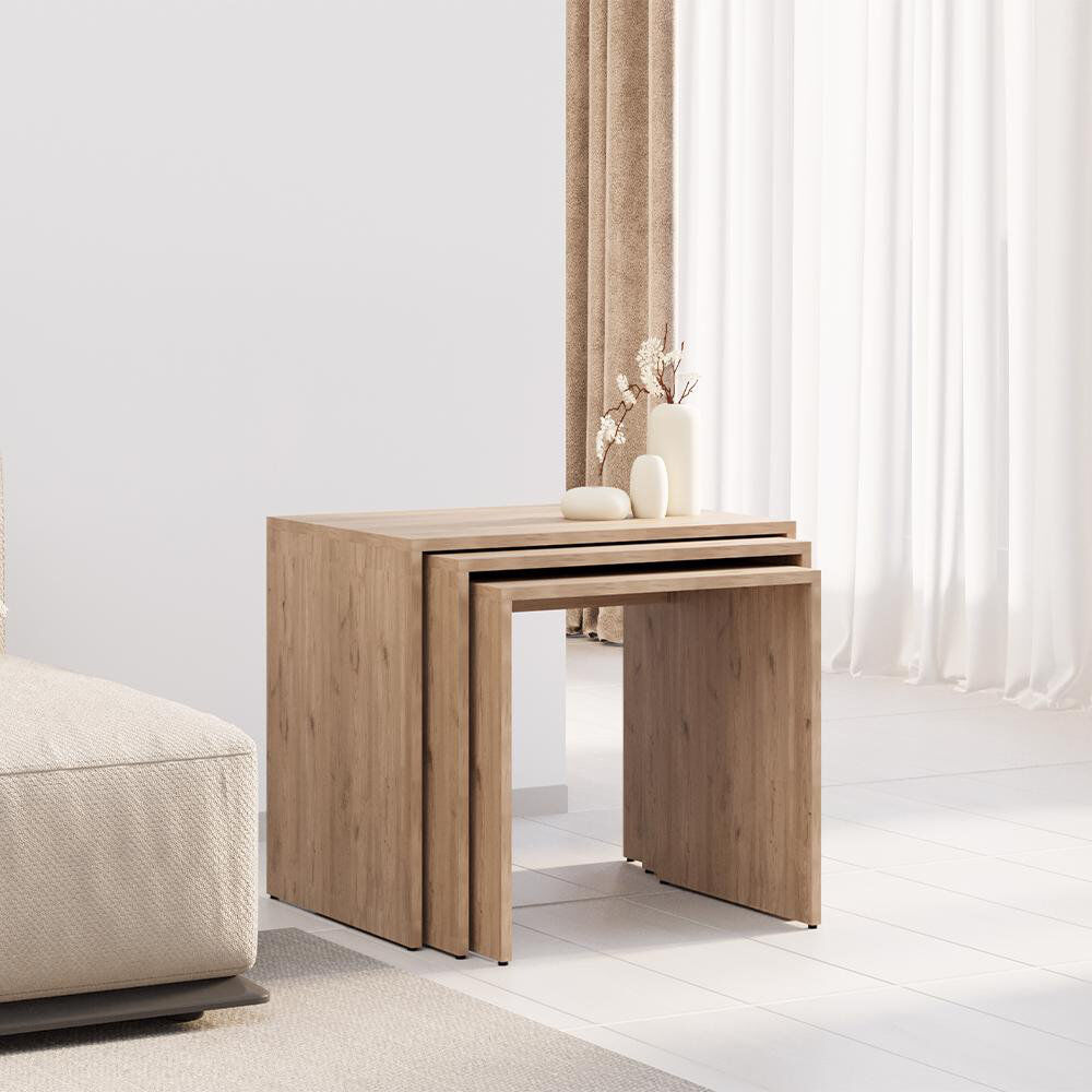 17 Stories Florida Nest of 3 Tables - Space-Saving Side Tables - White or Oak Effect Brown 47cm H X 55cm W X 40cm D