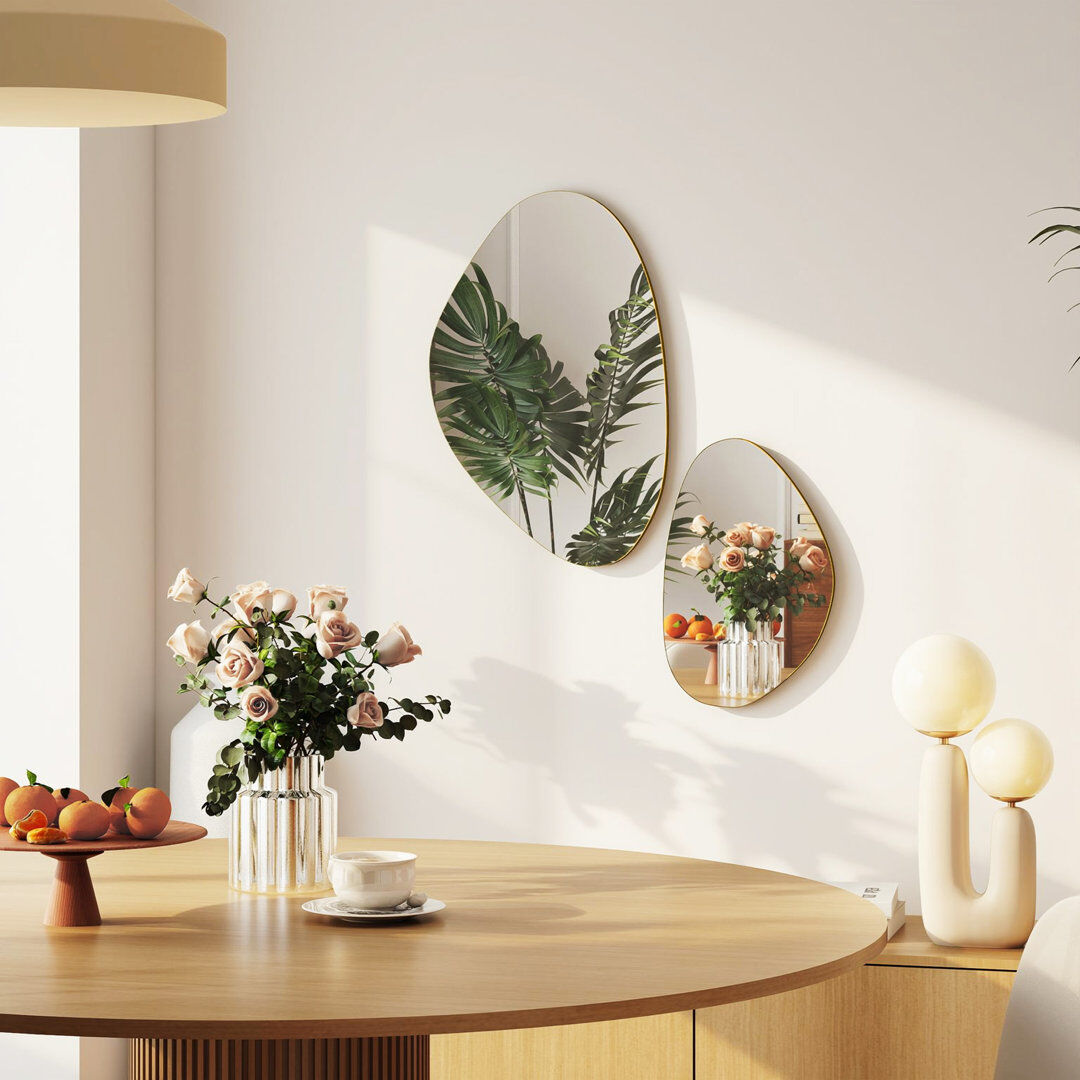 17 Stories Pebble-Shaped Decorative Mirror, Set of 2 Wall Mirror, Black Gold Gold