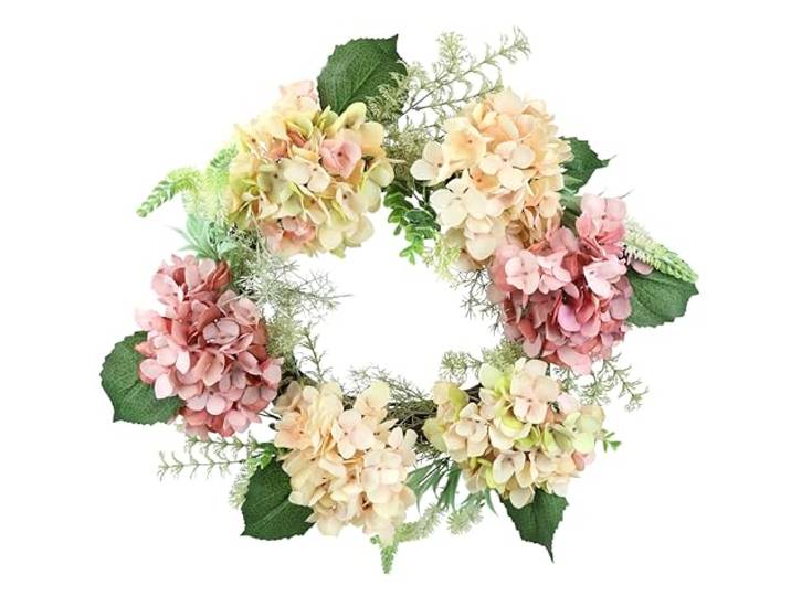 Rattankranz mit künstlichen Hortensien Hortensienblüten Blüten Blumen Kunstblumenkranz Deko Wandkranz Türkranz zum Aufhängen Legen Blütenkranz Landhaus Kranz Haustür-Dekoration Hochzeit Dekoration